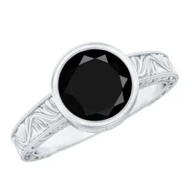 Bezel Set Lab Grown Black Diamond Solitaire Ring with Engraved Detailing