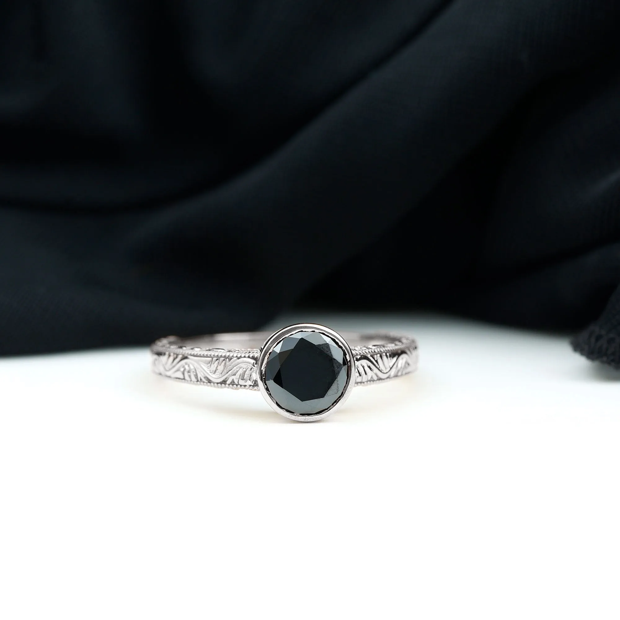 Bezel Set Lab Grown Black Diamond Solitaire Ring with Engraved Detailing