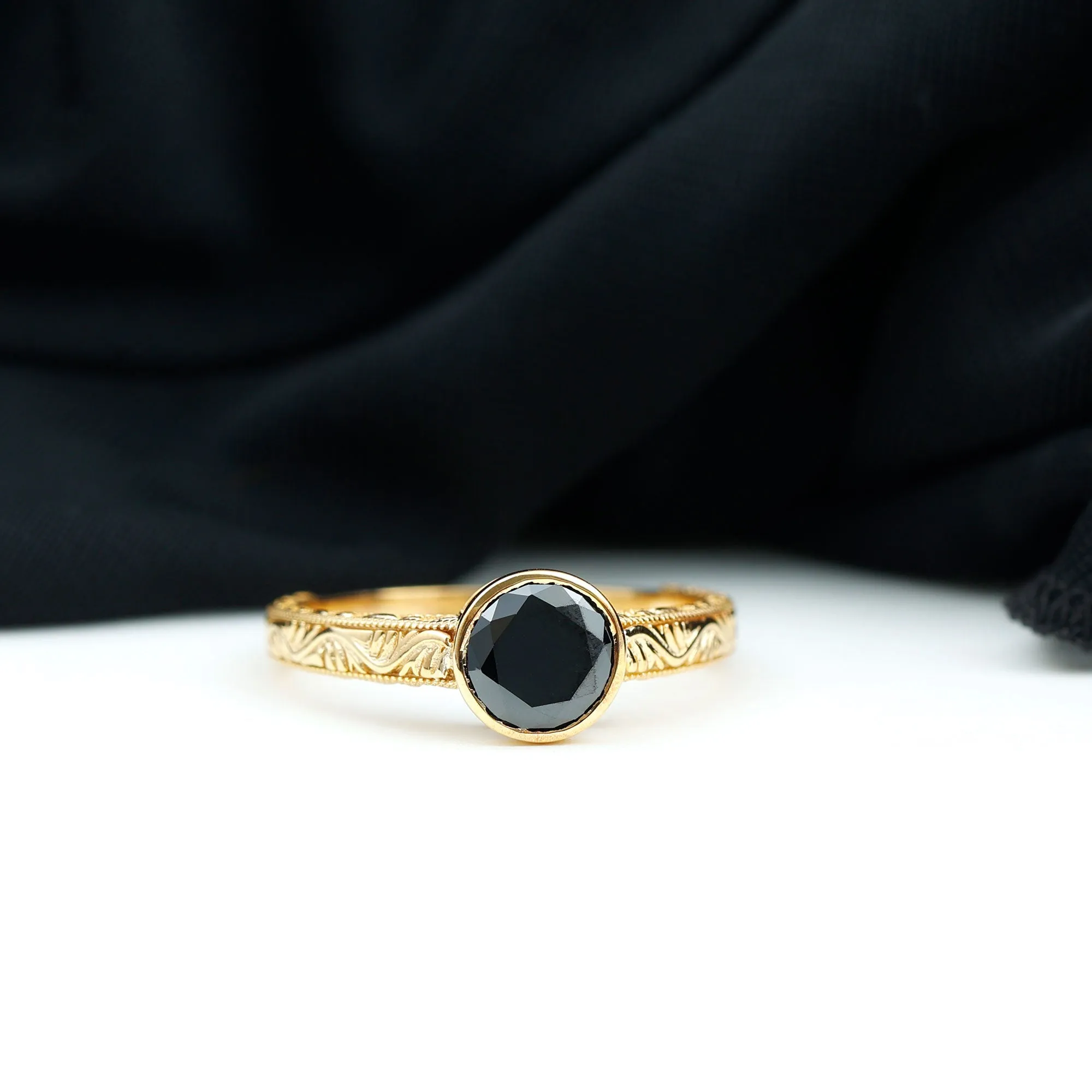 Bezel Set Lab Grown Black Diamond Solitaire Ring with Engraved Detailing