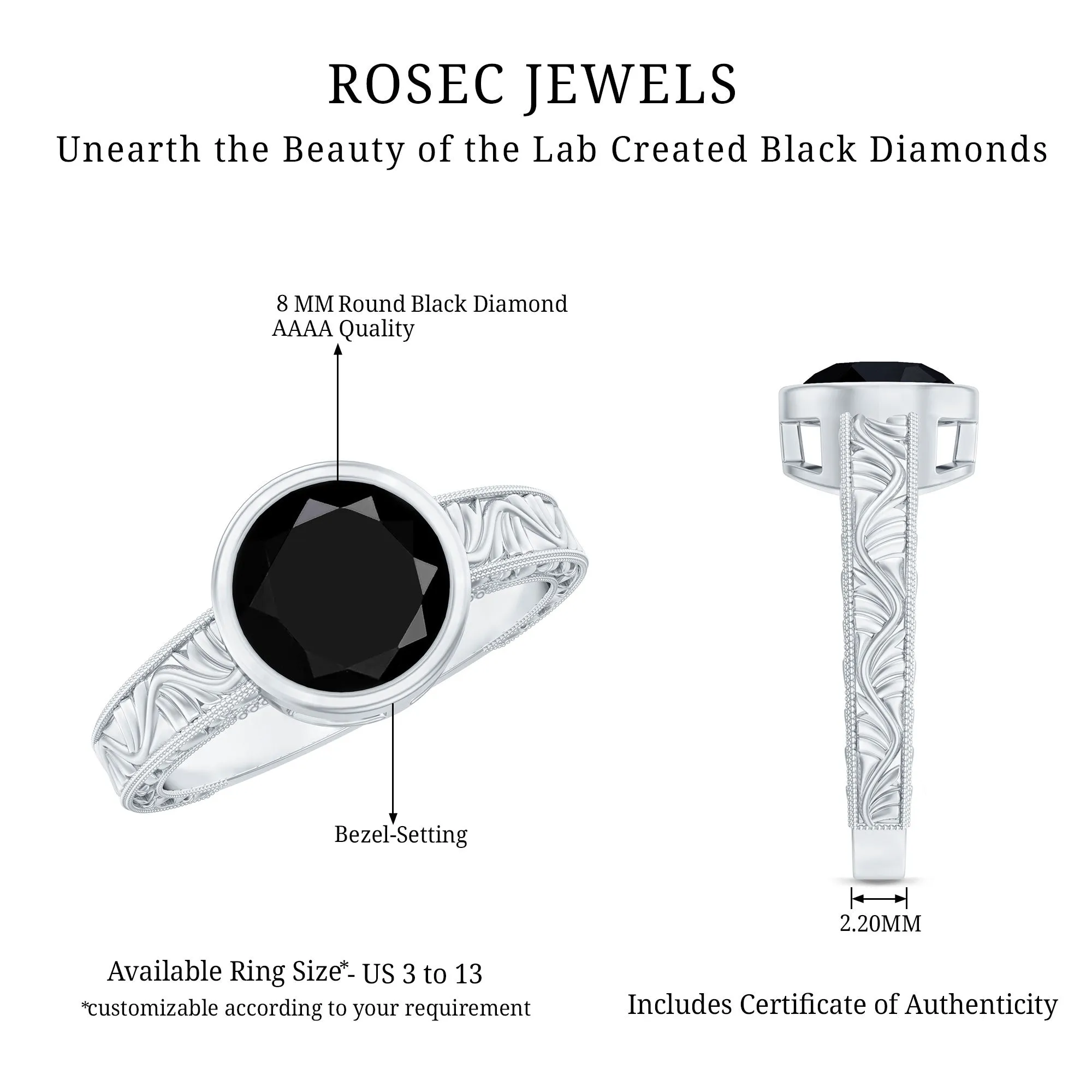 Bezel Set Lab Grown Black Diamond Solitaire Ring with Engraved Detailing