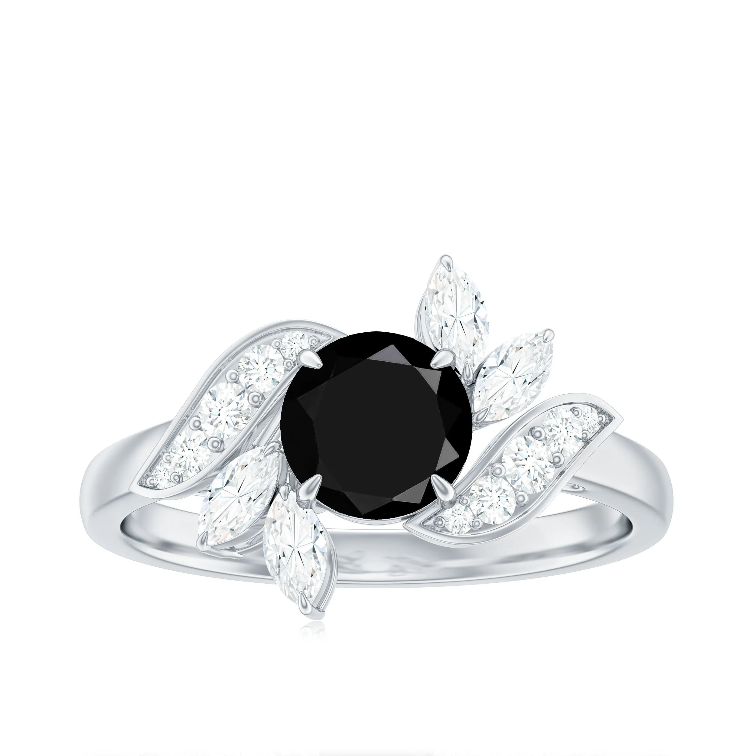 Black Diamond Flower Engagement Ring with Moissanite