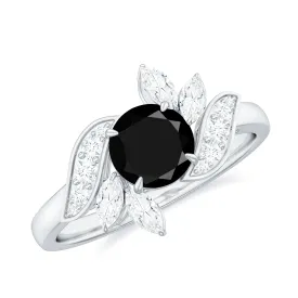 Black Diamond Flower Engagement Ring with Moissanite