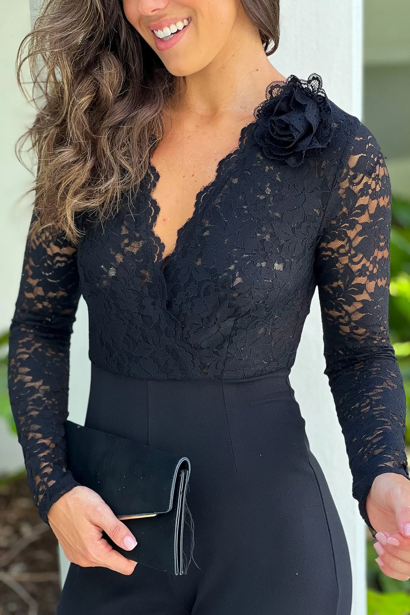 Black Lace Top Long Sleeves Jumpsuit