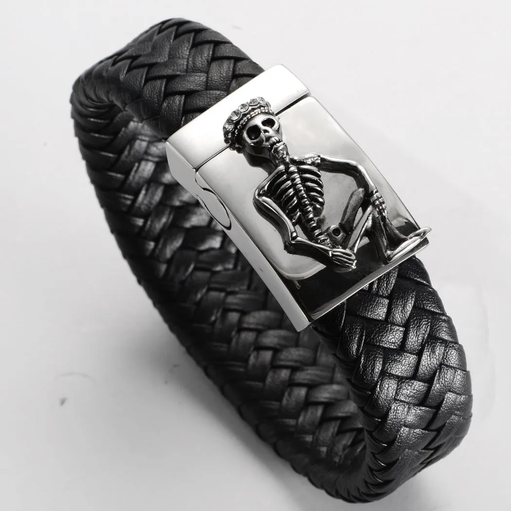 Black Metal Skeleton King Leather Bracelet