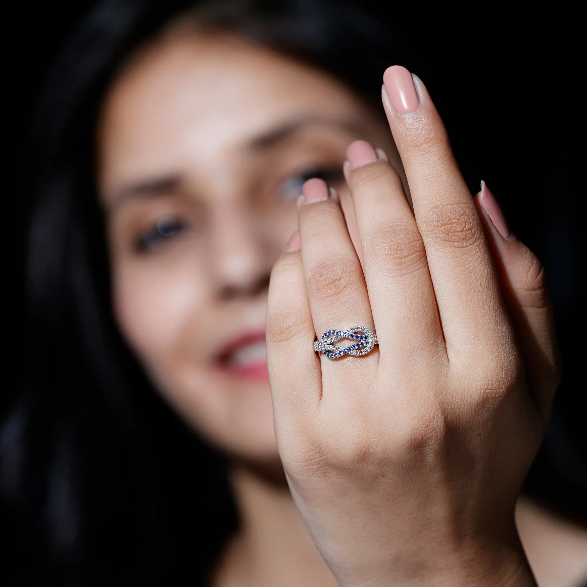 Blue Sapphire And Diamond Interlock Infinity Ring