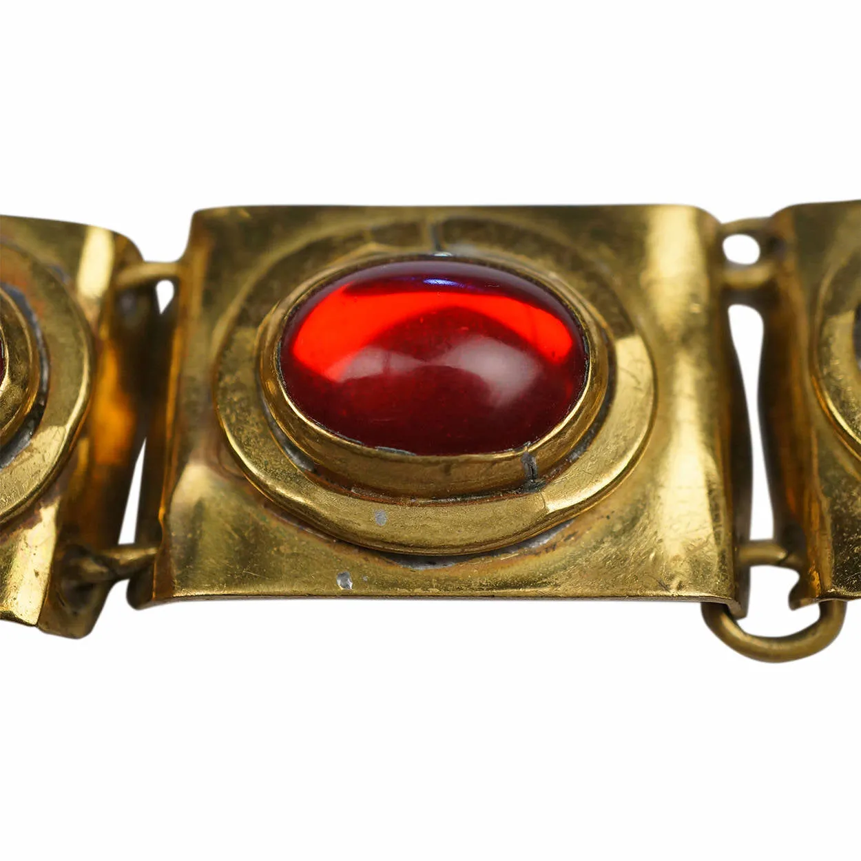 Canadian Modernist Rafael Alfandary Brass Bracelet wi Red Murano Glass Cabochons