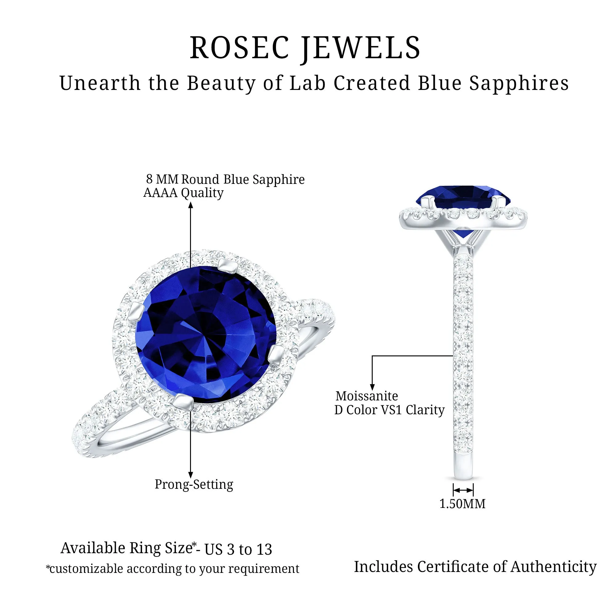 Certified Created Sapphire Halo Engagement Ring With Moissanite