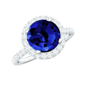 Certified Created Sapphire Halo Engagement Ring With Moissanite