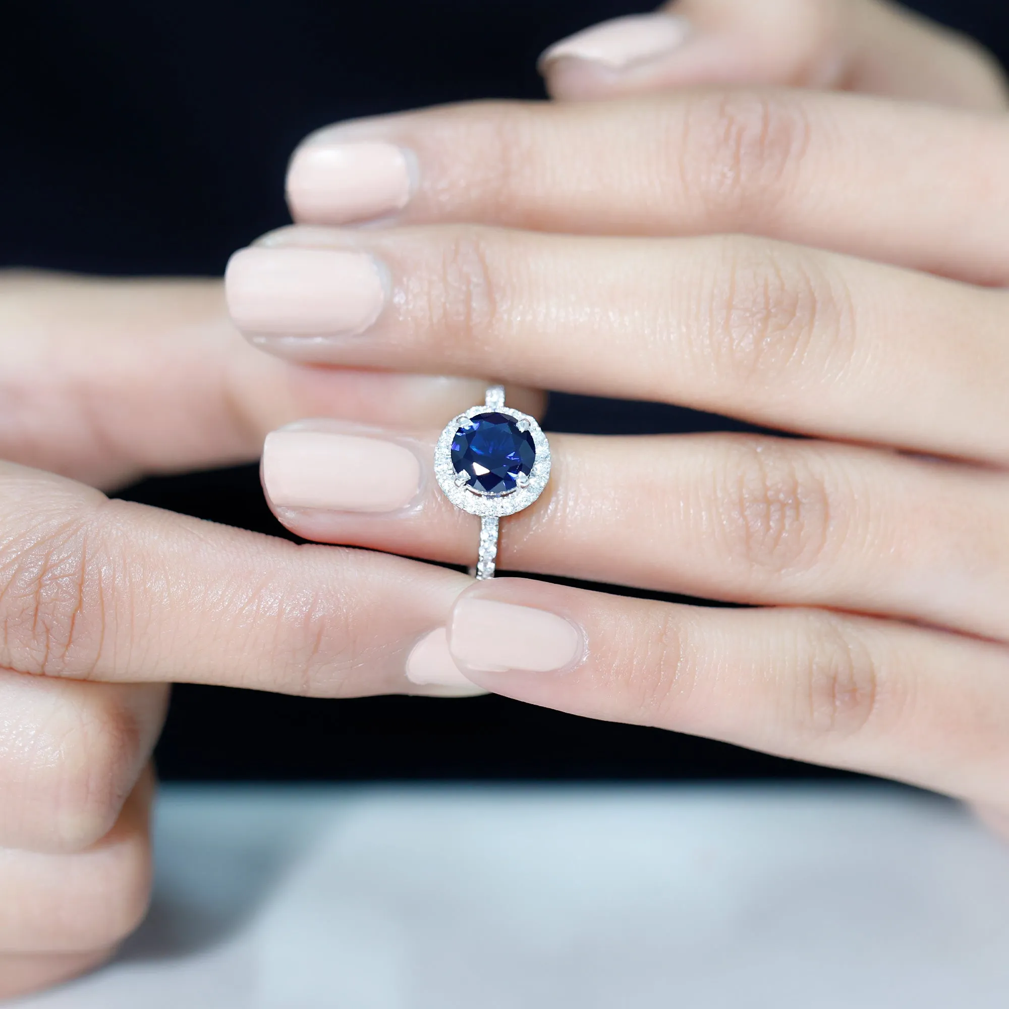 Certified Created Sapphire Halo Engagement Ring With Moissanite