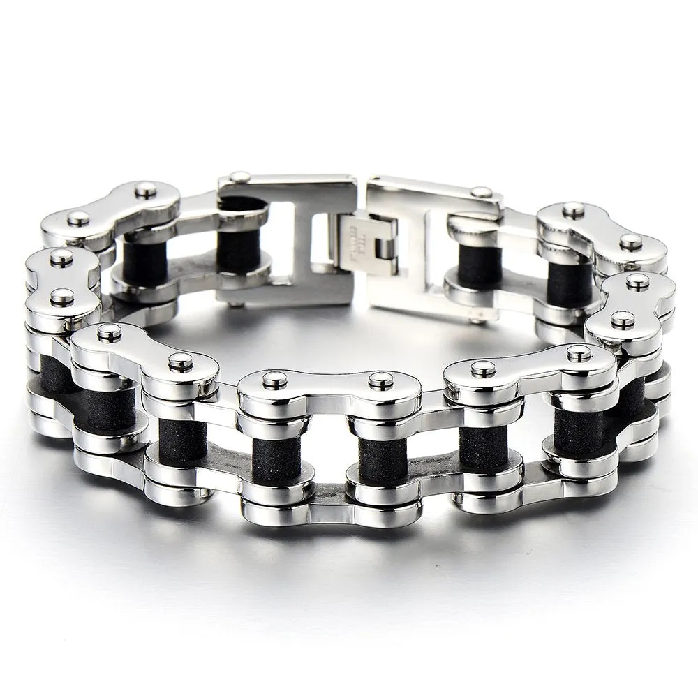 COOLSTEELANDBEYOND Heavy Sturdy Mens Motorcycle Chain Bike Chain Bracelet of Stainless Steel Silver Color Polished