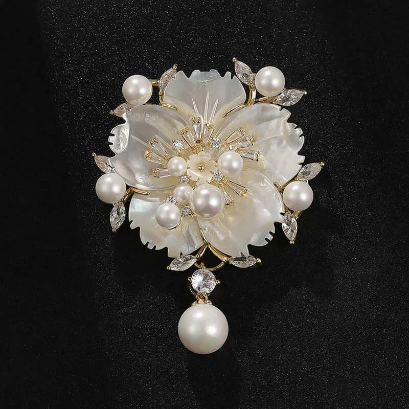 Copper Plum Blossom Shell Pearl Brooch