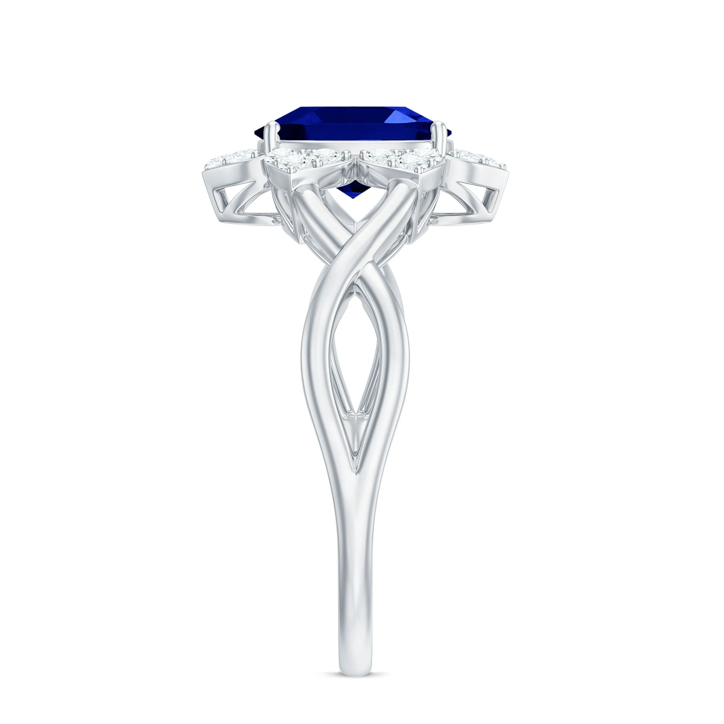 Created Blue Sapphire and Diamond Flower Halo Engagement Ring