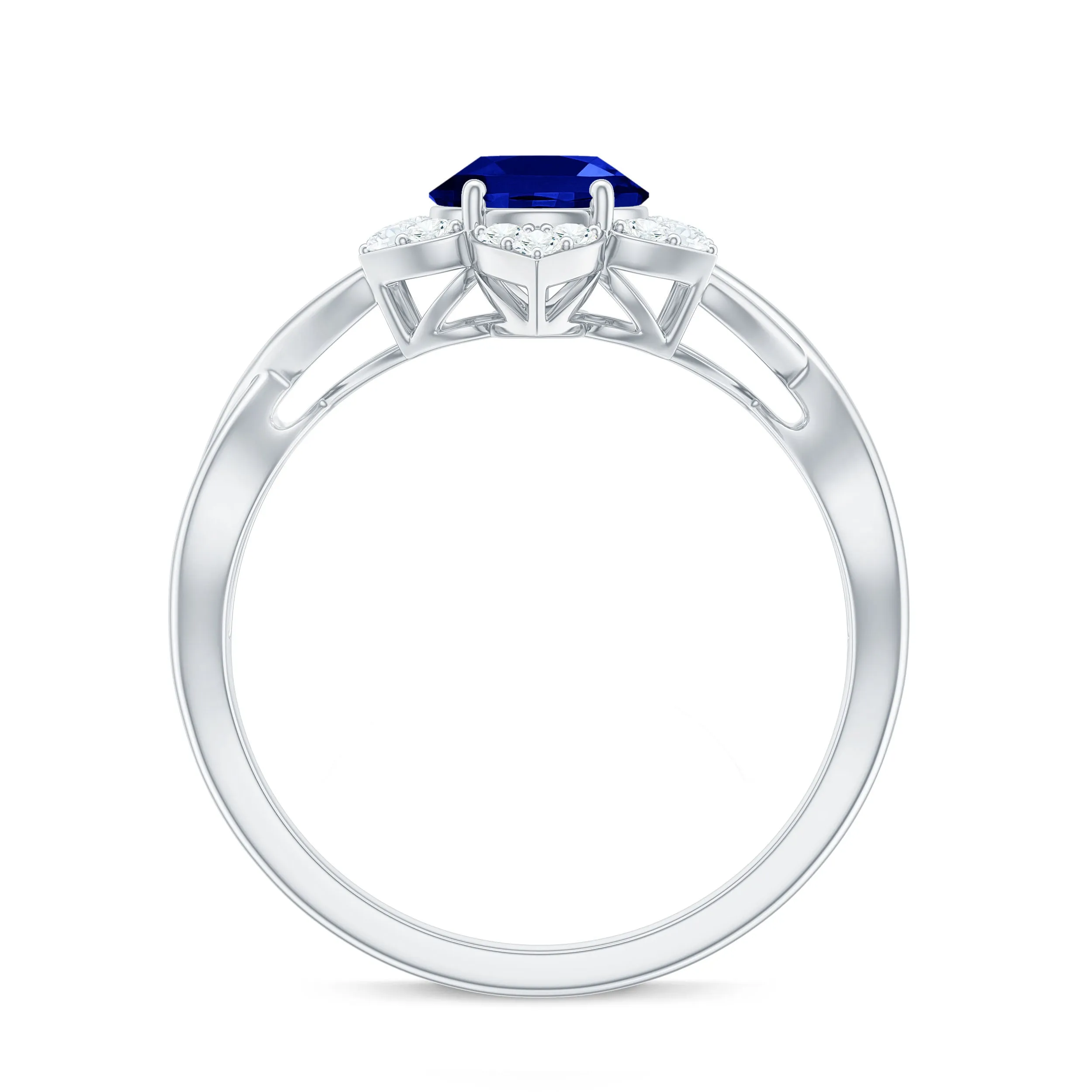 Created Blue Sapphire and Diamond Flower Halo Engagement Ring