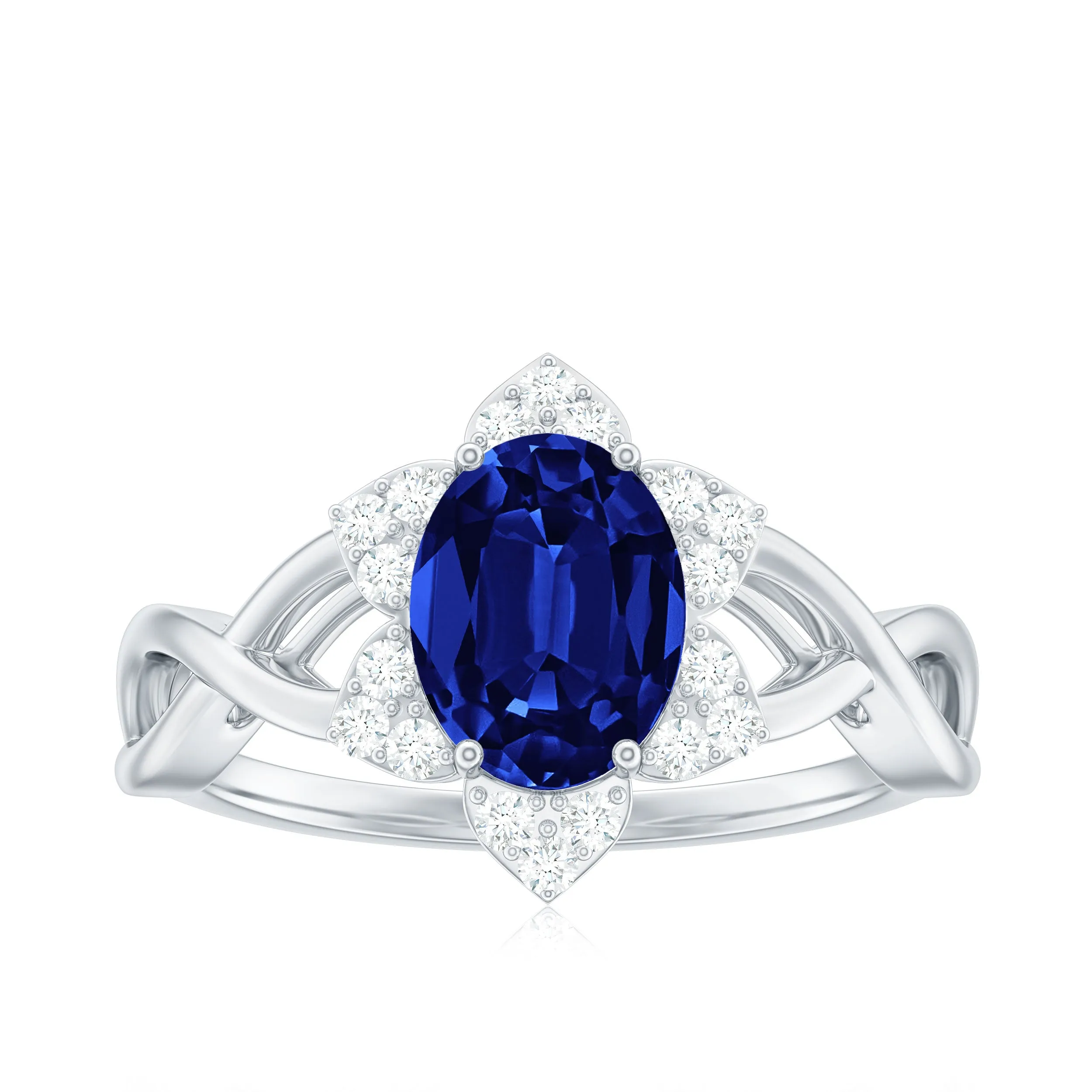 Created Blue Sapphire and Diamond Flower Halo Engagement Ring