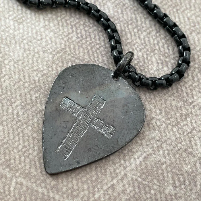 Cross Dark Metal Finish Guitar Pick Pendant Dark Heavy Chain Necklace