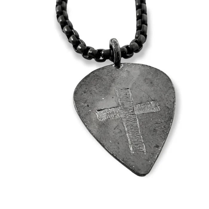 Cross Dark Metal Finish Guitar Pick Pendant Dark Heavy Chain Necklace