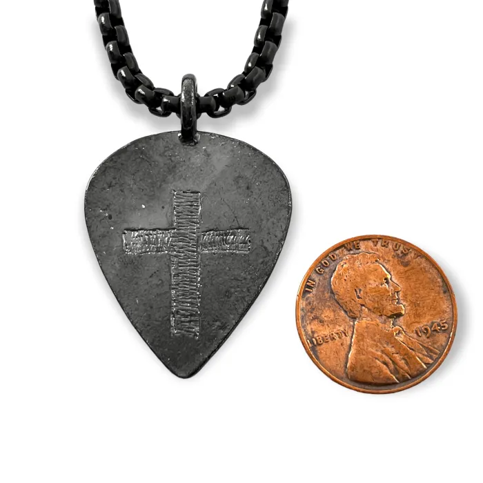 Cross Dark Metal Finish Guitar Pick Pendant Dark Heavy Chain Necklace