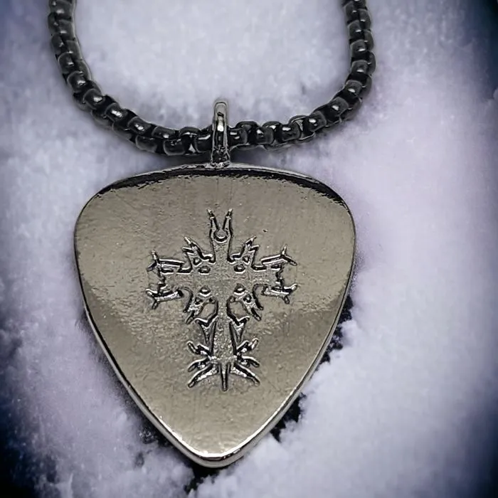 Cross Guitar Pick Dark Metal Finish Pendant Dark Heavy Box Chain Necklace