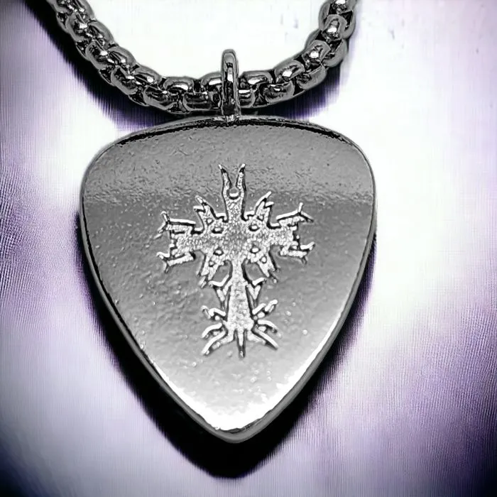 Cross Guitar Pick Rhodium Metal Finish Pendant Heavy Box Chain Necklace