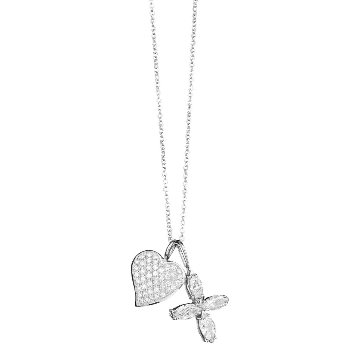 Diamond Necklace - 18 Karat White Gold and Diamond Heart and Cross Charm Necklace