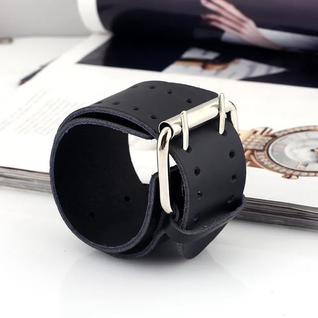 Double Row Buckle Heavy Metal Leather Bracelet