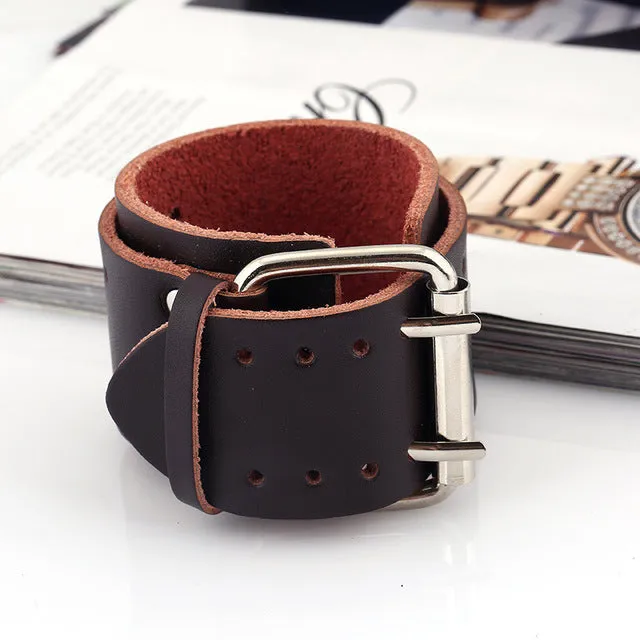 Double Row Buckle Heavy Metal Leather Bracelet