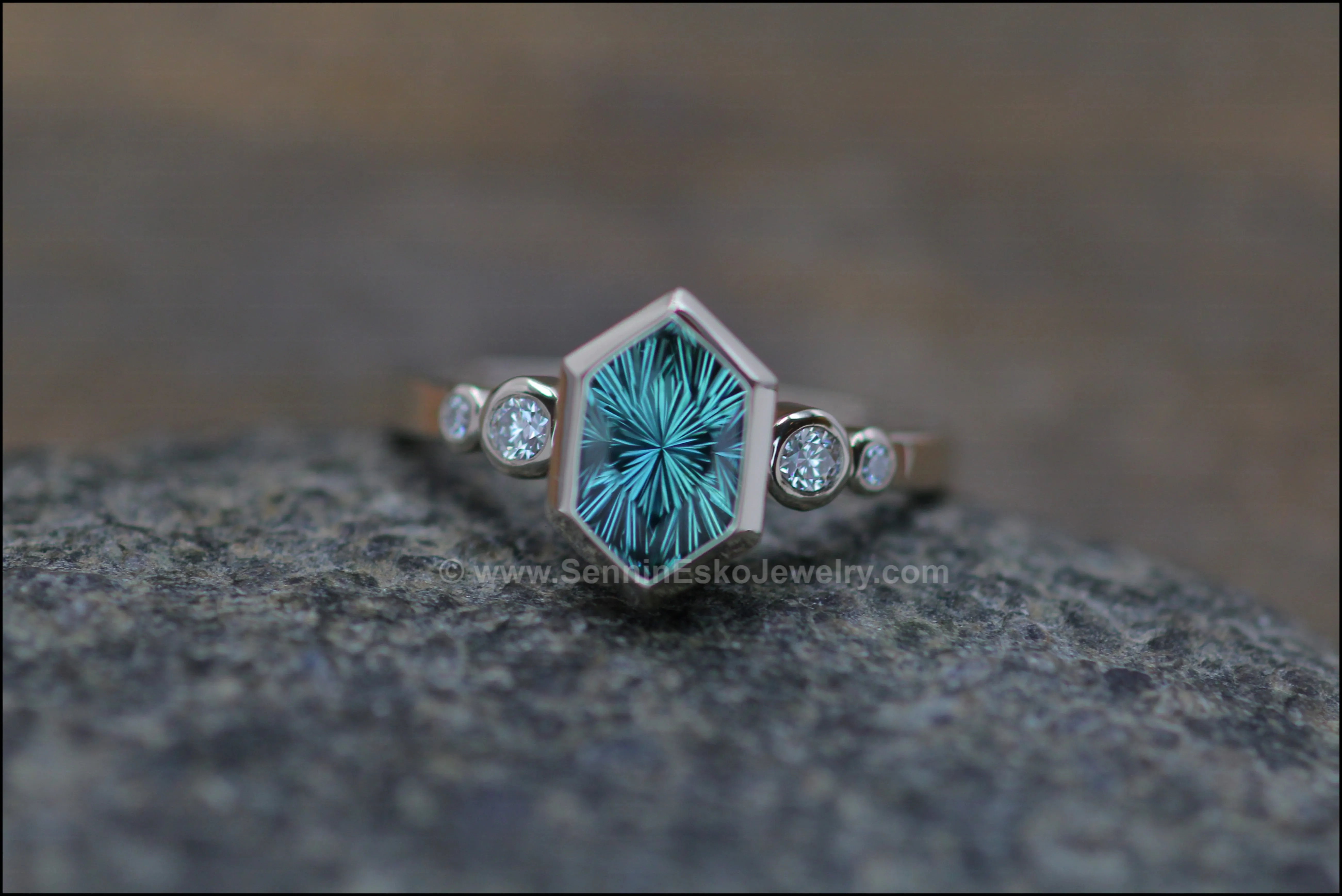 Five Stone Diamond Accented Multi Bezel Setting - Depicted with a Fantasy cut Montana Sapphire Hexagon (Setting Only, Center Stone Sold Separately)