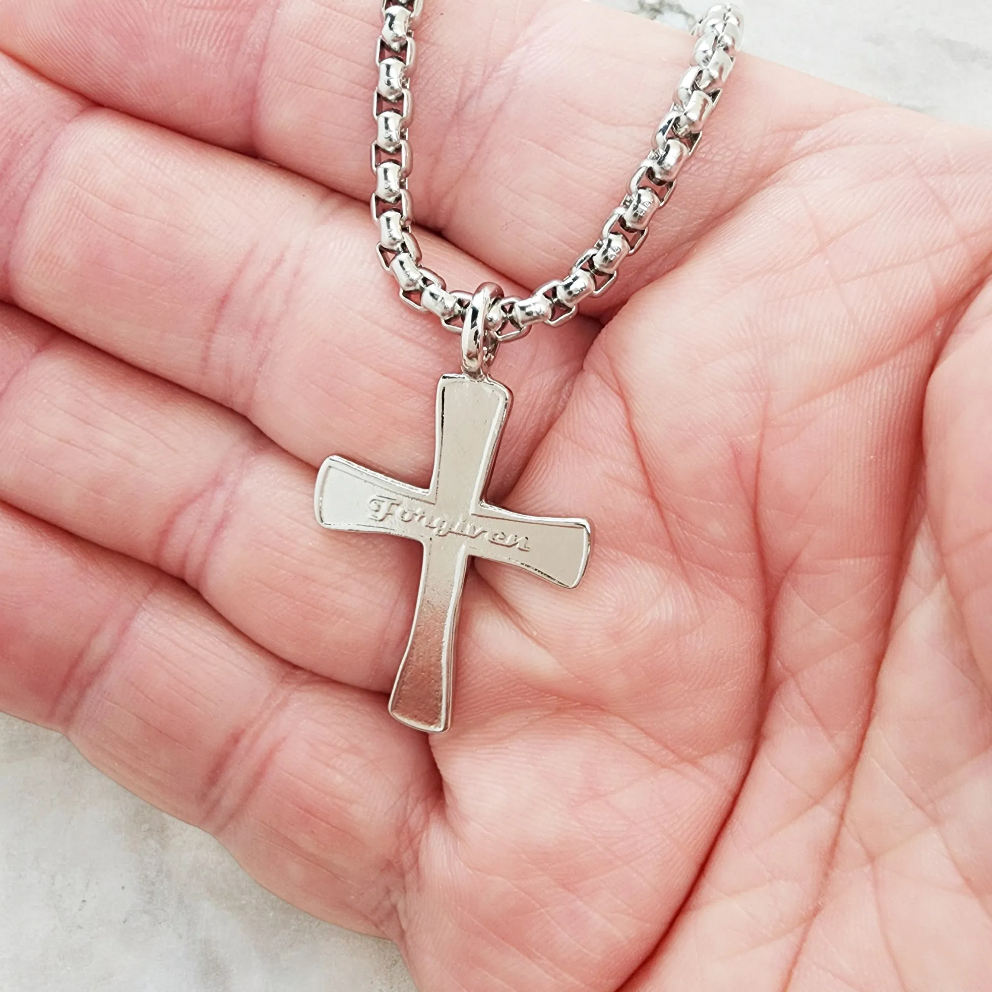 Forgiven Cross Rhodium Metal Finish Heavy Chain Necklace