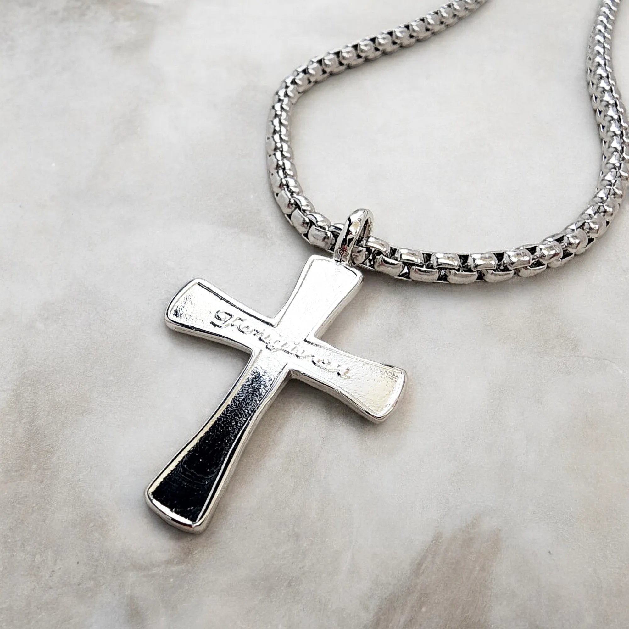 Forgiven Cross Rhodium Metal Finish Heavy Chain Necklace