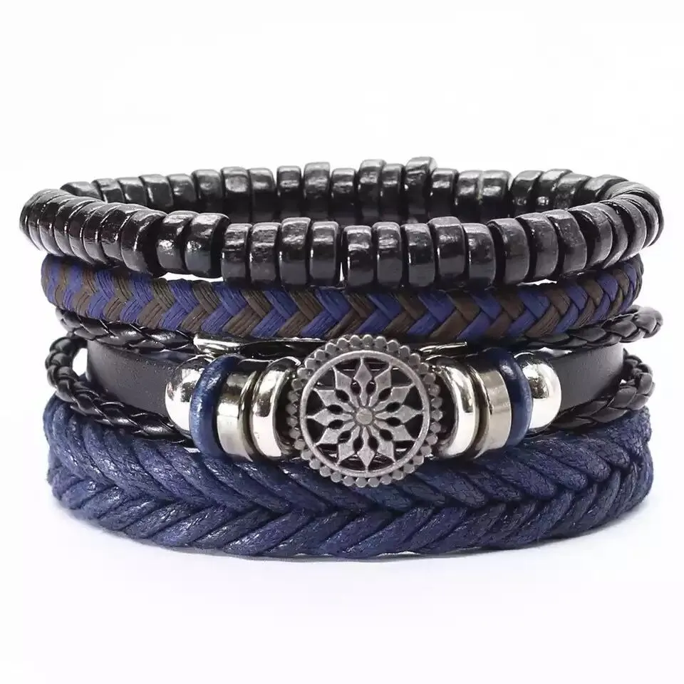 Four-piece Card Woven Leather Bracelet Multi-layer Suit Electroplated Black Eight-character Retro Ornament Men's