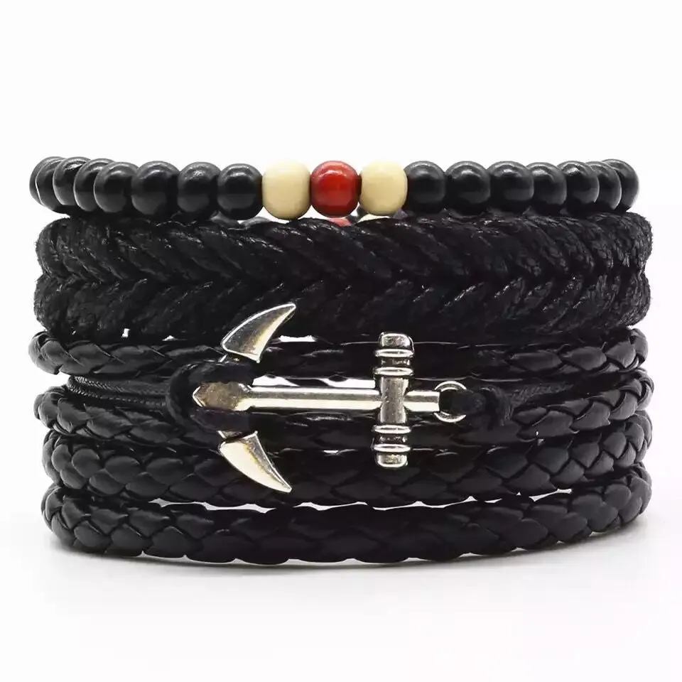 Four-piece Card Woven Leather Bracelet Multi-layer Suit Electroplated Black Eight-character Retro Ornament Men's