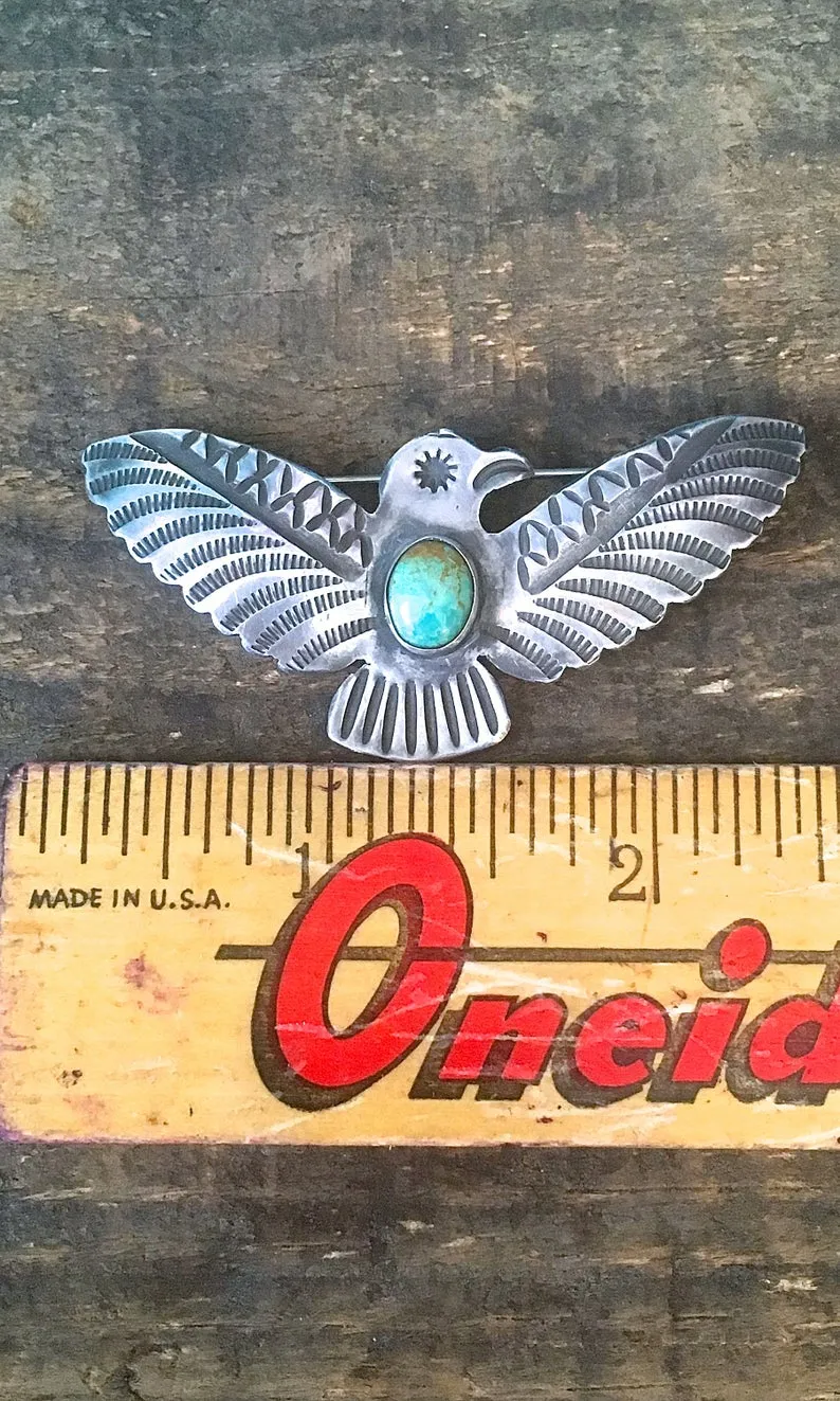 FRED HARVEY ERA 1940s Silver and Turquoise Thunderbird Pin