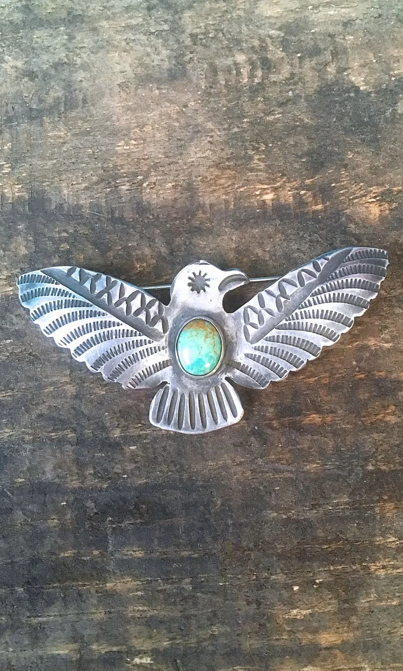 FRED HARVEY ERA 1940s Silver and Turquoise Thunderbird Pin