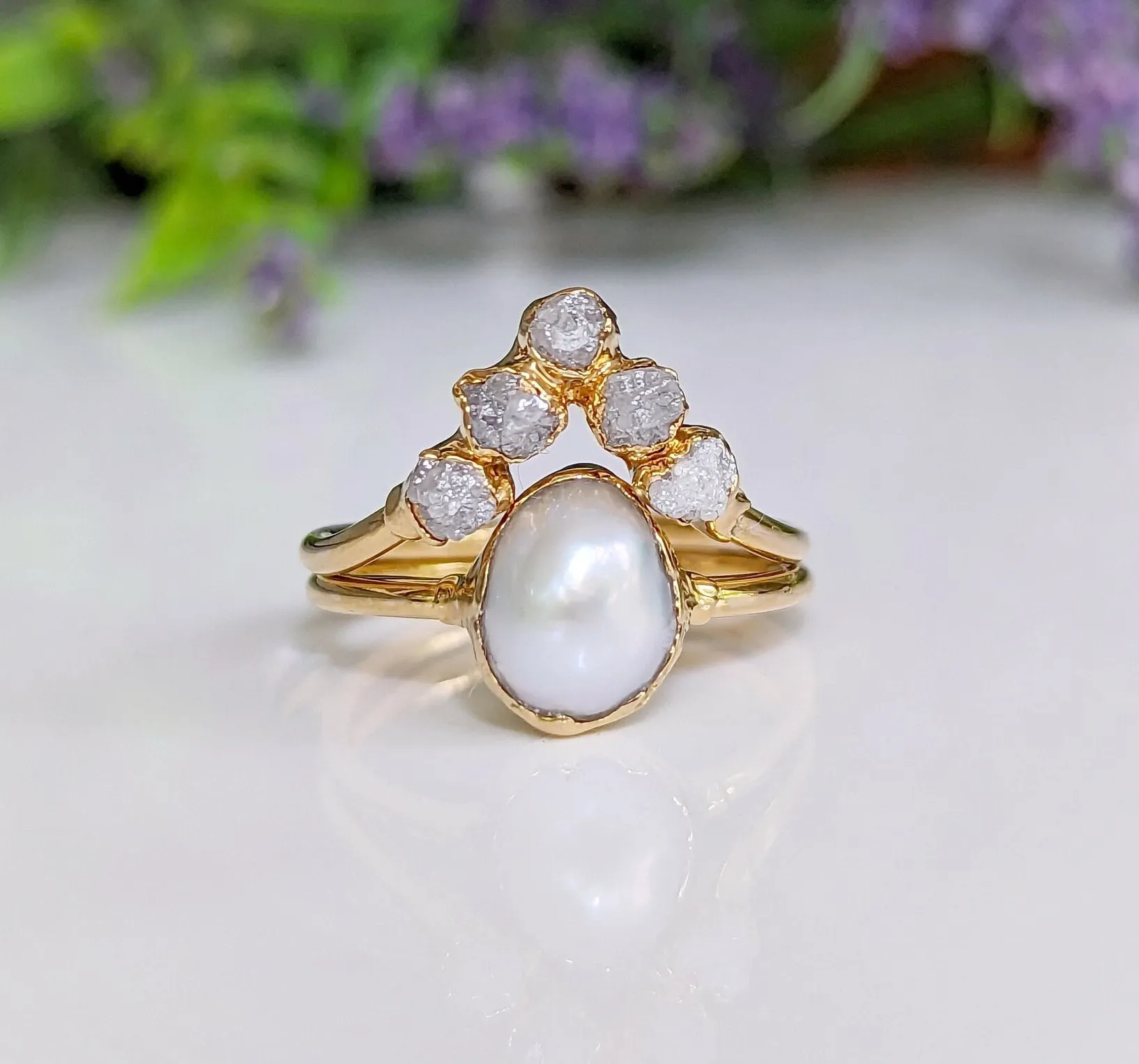 Freshwater Pearl & Raw Diamond Chevron wedding ring set in Solid 14k Gold