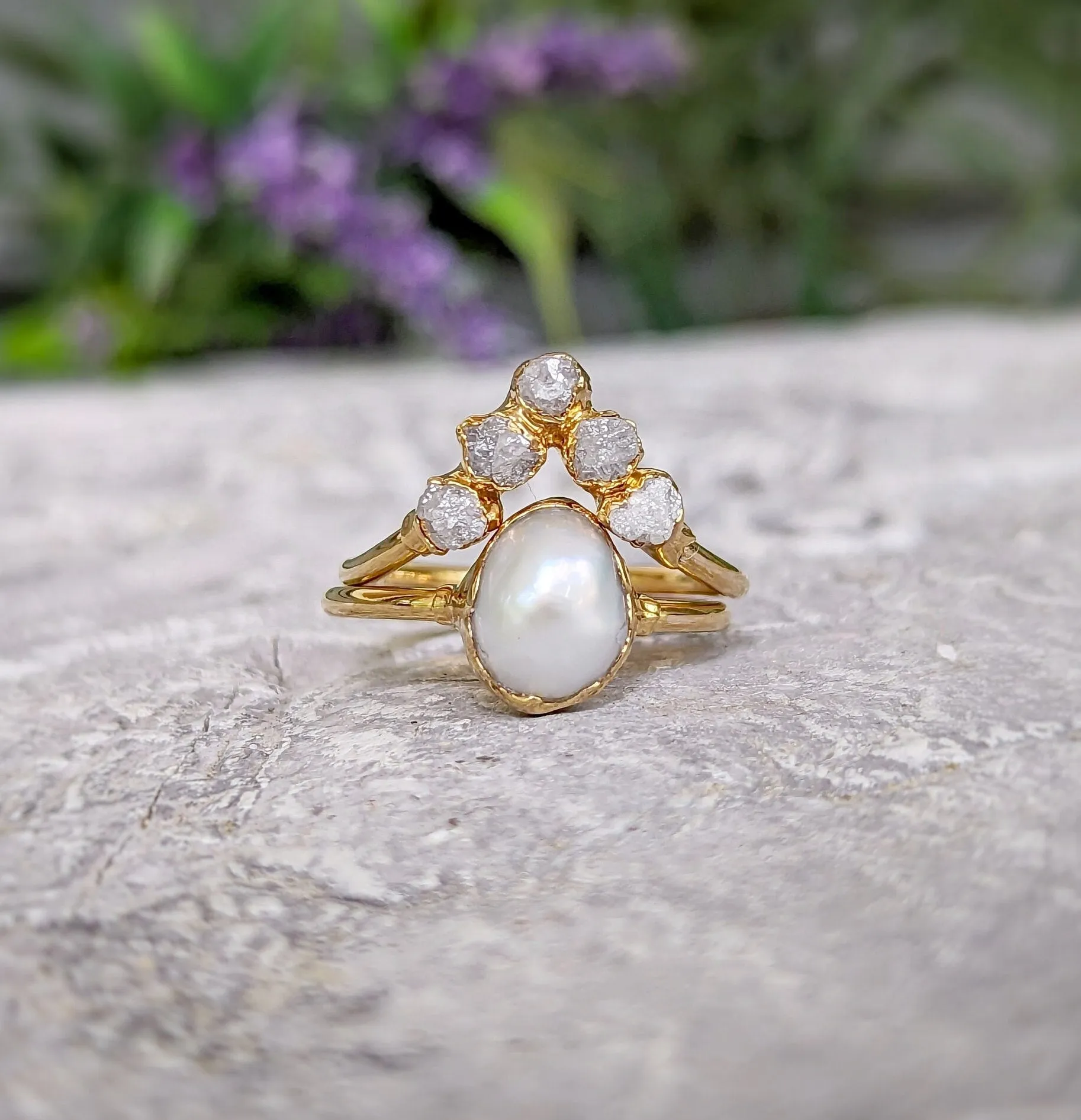 Freshwater Pearl & Raw Diamond Chevron wedding ring set in Solid 14k Gold