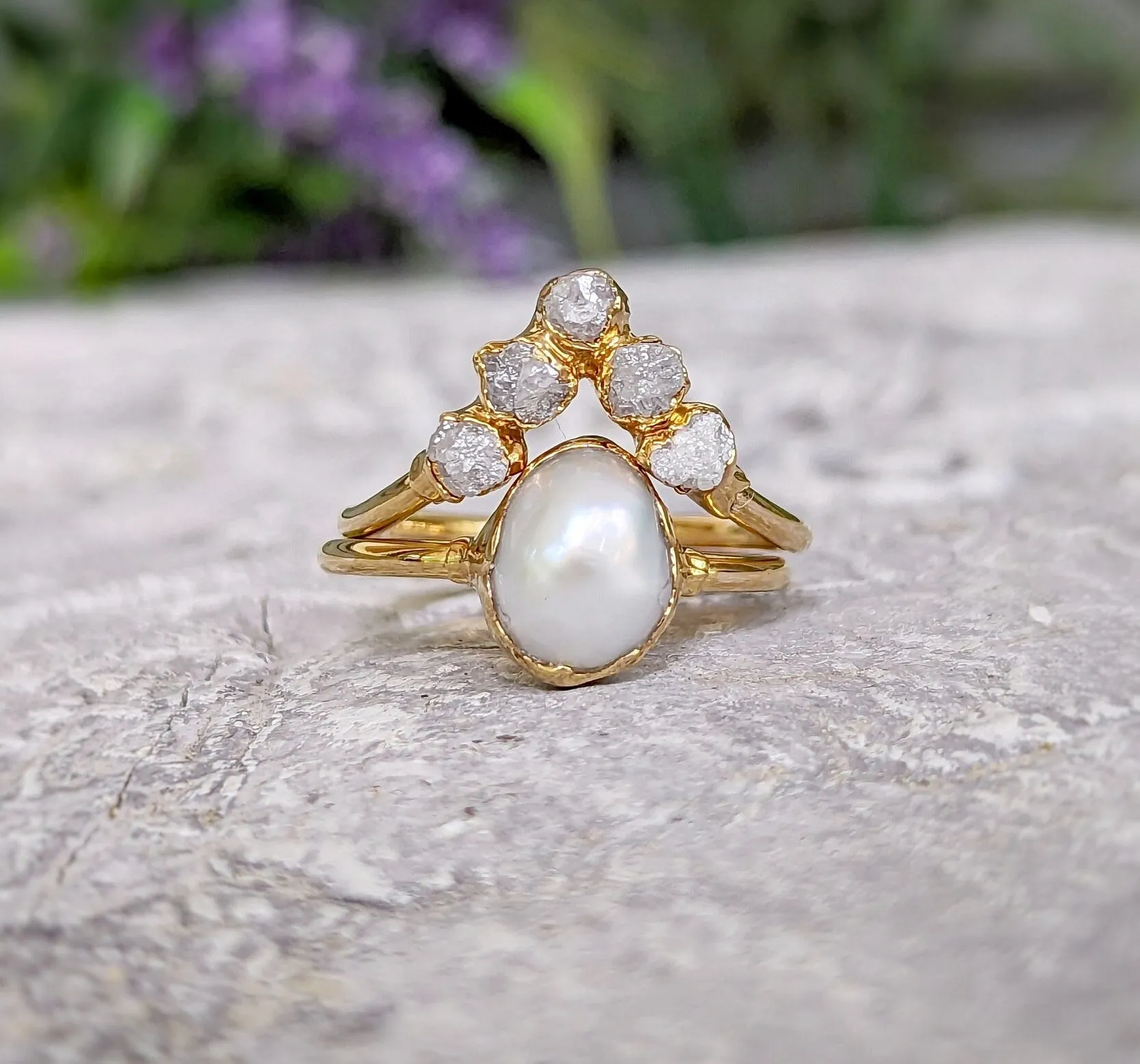 Freshwater Pearl & Raw Diamond Chevron wedding ring set in Solid 14k Gold