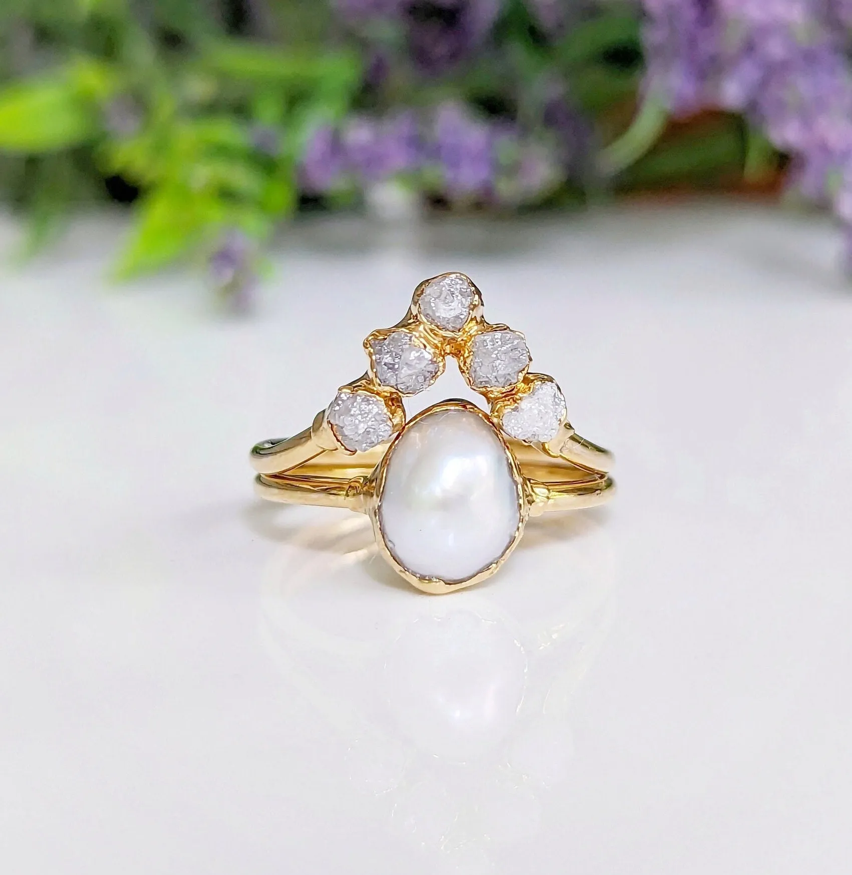 Freshwater Pearl & Raw Diamond Chevron wedding ring set in Solid 14k Gold