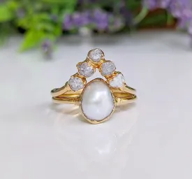 Freshwater Pearl & Raw Diamond Chevron wedding ring set in Solid 14k Gold