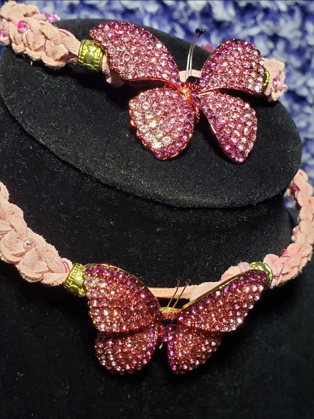 Genuine Pink Leather Set with Austrian Crystal & Stainless Steel Butterfly. Choker & Bracelet, adjustable with Lobster Claw Clasps.