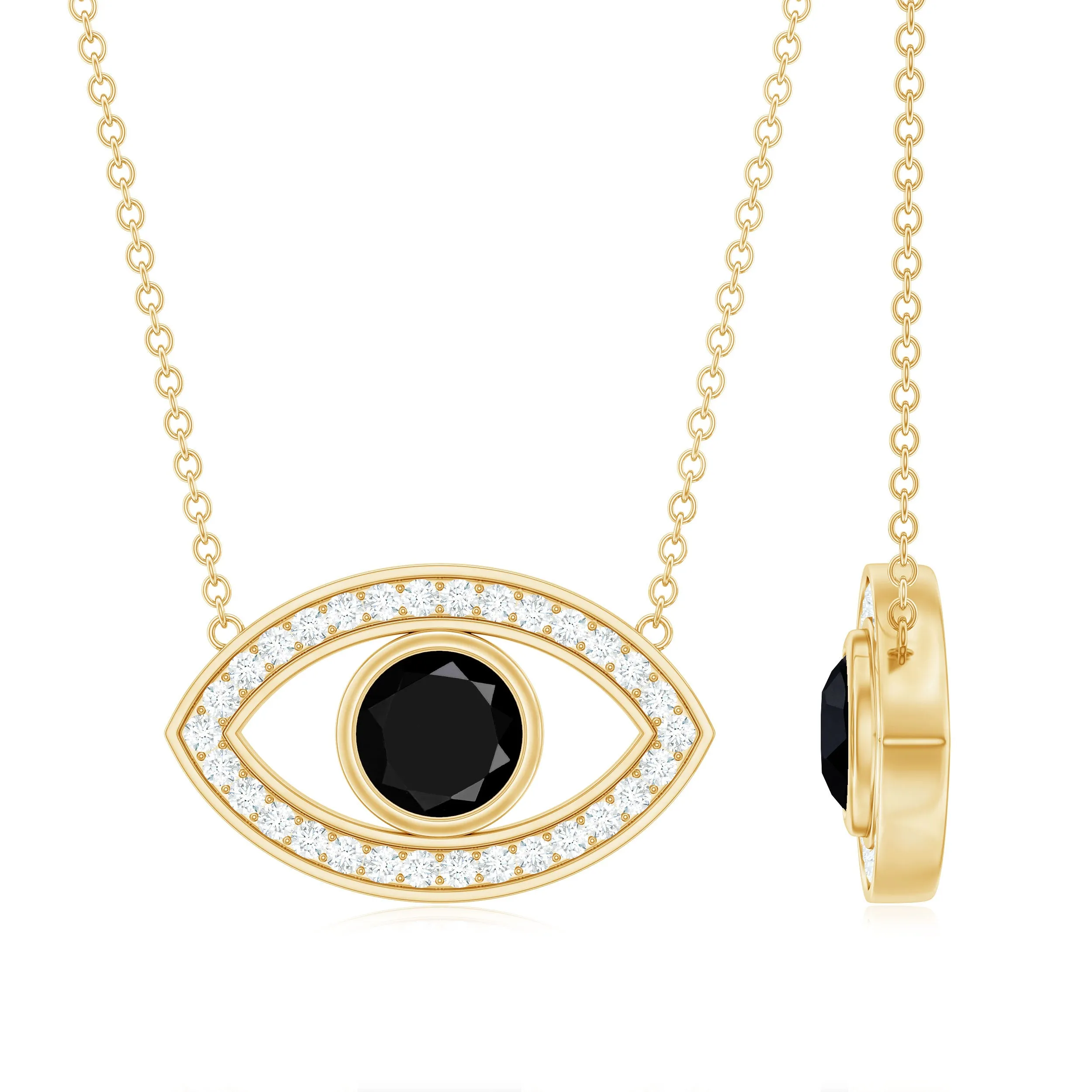 Gothic Round Lab Created Black Diamond Evil Eye Necklace With Diamond