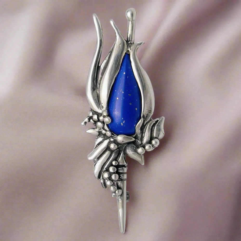 Greek Traditional Flower Brooch in Sterling silver with Lapis Lazuli (K-23)