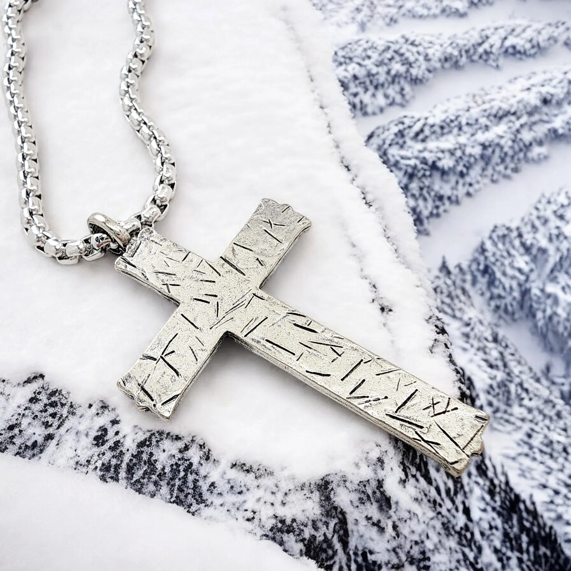 Hammered Cross Antique Silver Metal Finish Heavy Chain Necklace