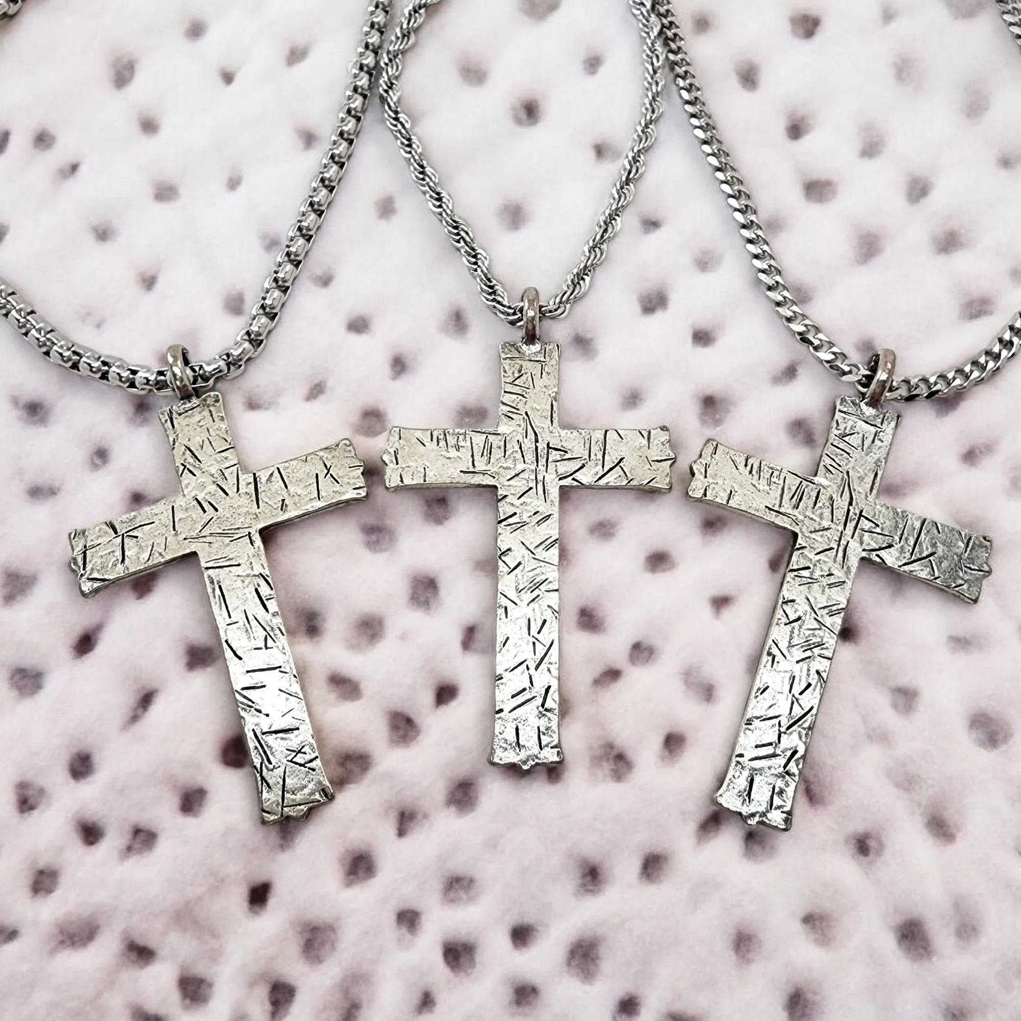 Hammered Cross Rhodium Metal Finish Chain Necklace