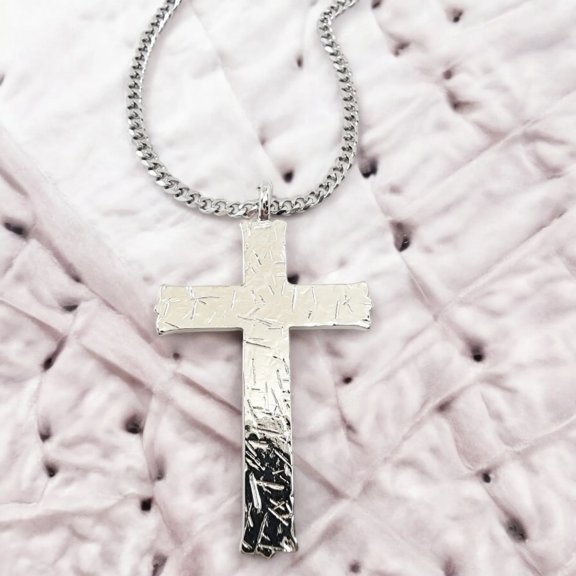 Hammered Cross Rhodium Metal Finish Chain Necklace