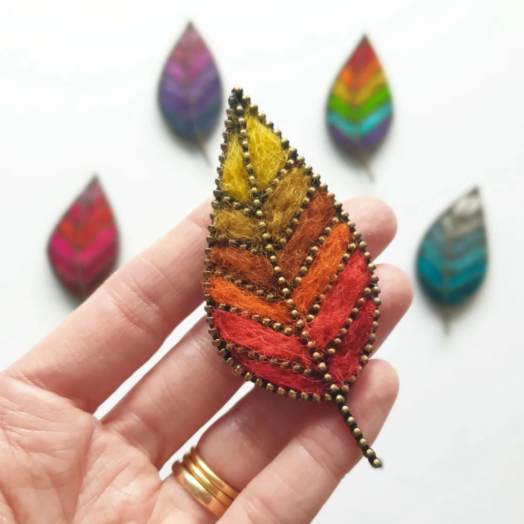 Hand Felted Leaf Brooch With Zip Edge Detail - Classic Autumn