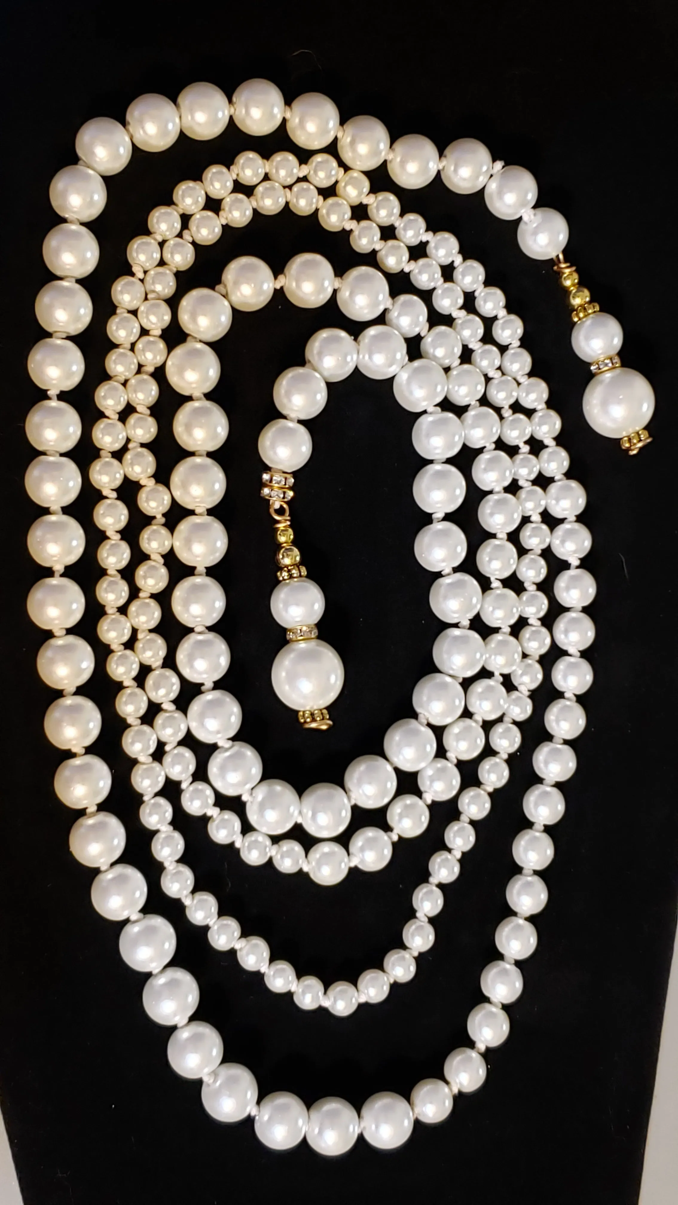 Hand Knotted Pearl 65" Lariat style Necklace with Gold Tone & Austrian Crystal Accents  