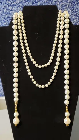 Hand Knotted Pearl 65" Lariat style Necklace with Gold Tone & Austrian Crystal Accents  