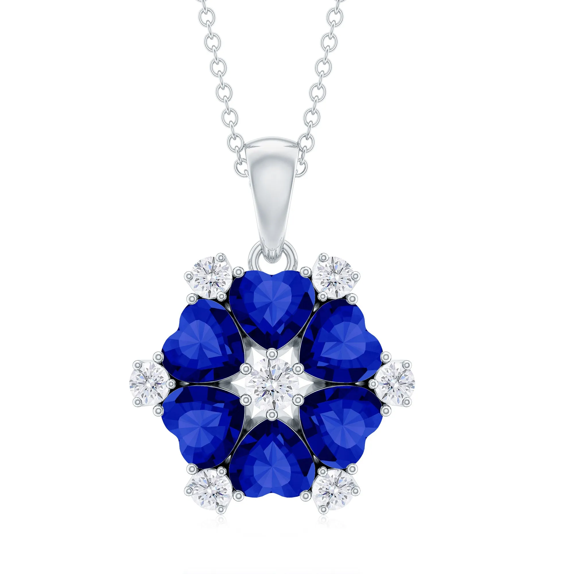 Heart Shape Created Blue Sapphire and Diamond Flower Pendant