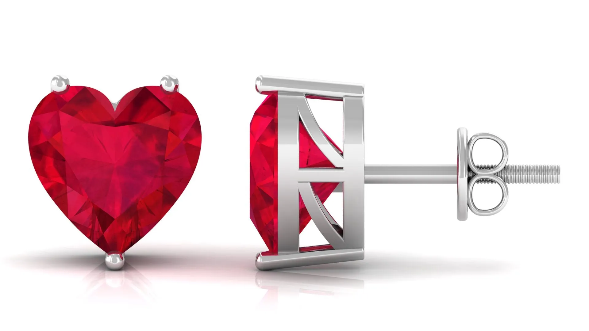 Heart Shape Created Ruby Solitaire Stud Earrings