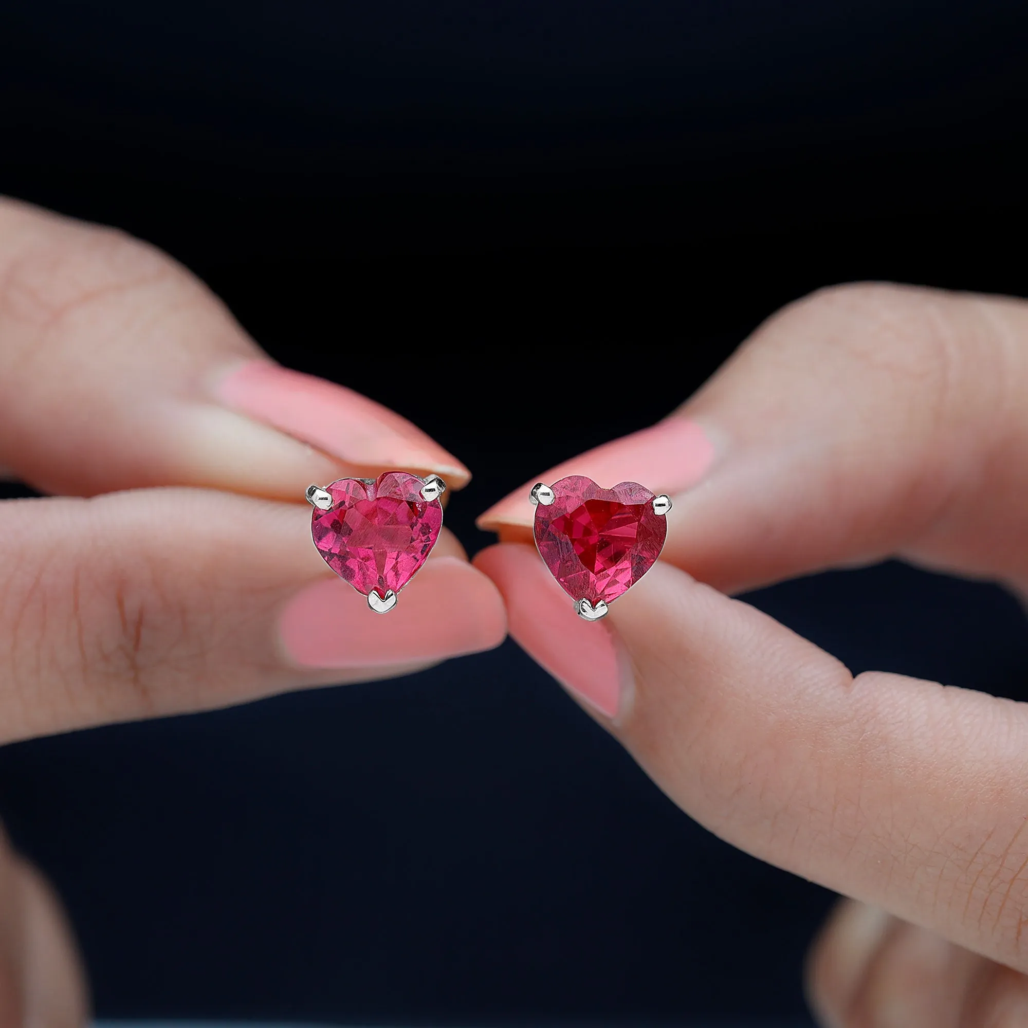 Heart Shape Created Ruby Solitaire Stud Earrings